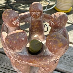 Vintage Terracotta Brown Circle of Friends Candle Holder Sculpture